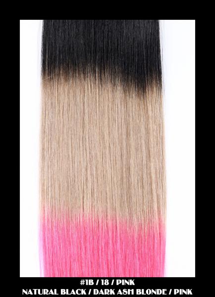18" Dip Dye Deluxe Remy Weave Hair Extensions 140g in #1/18/Pink - Jet Black/Dark Ash Blonde/Pink
