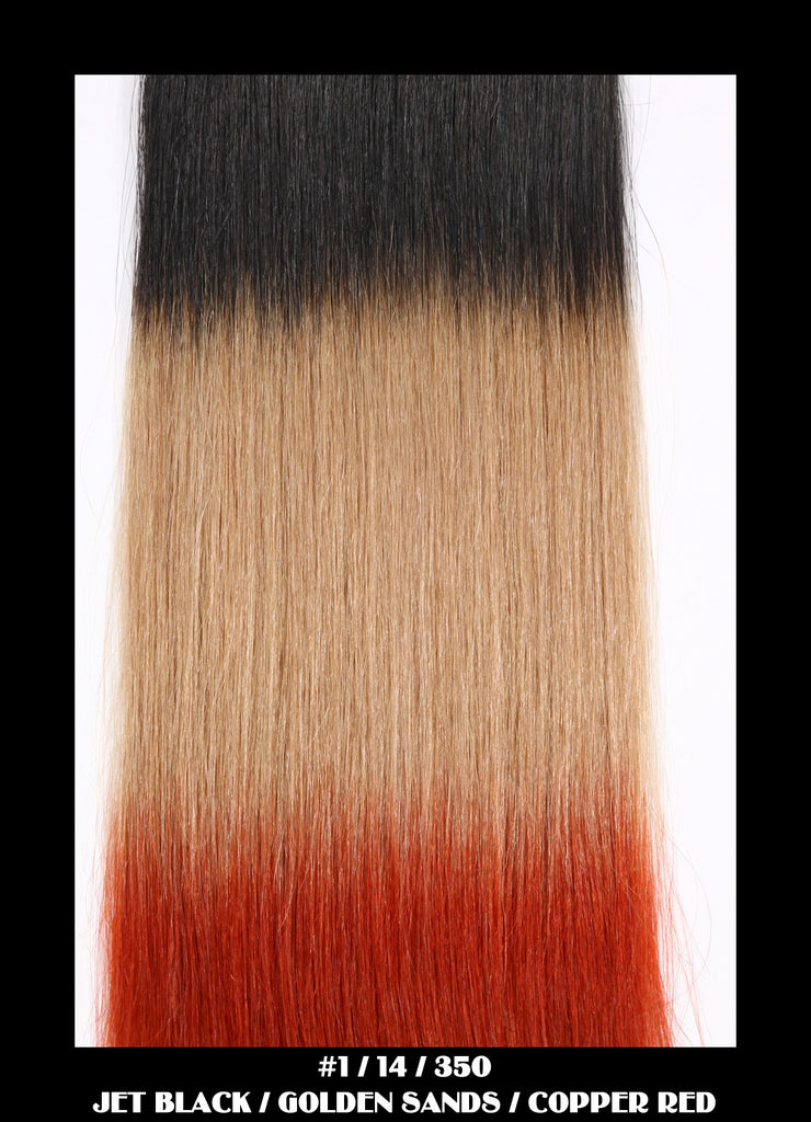 20" Dip Dye Deluxe Remi Weave Hair Extensions 140g in #1/14/350 - Jet Black/Golden Sands/Copper Red