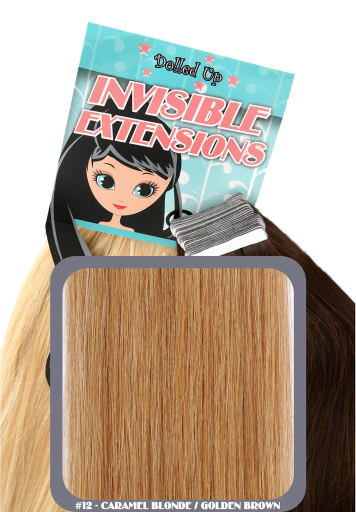 22" Remy Human Hair Invisible Tape Extensions 75g in Caramel Blonde & Golden Brown (#12)
